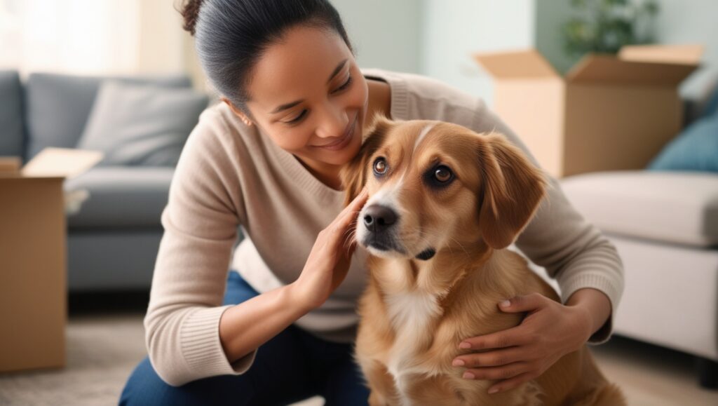 Woman helping her dog adjust to a new home environment.