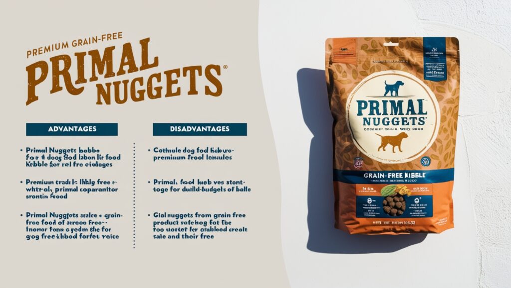 Features and drawbacks of Primal Nuggets dog food, highlighting its natural ingredients and potential concerns, displayed in a visually appealing format.